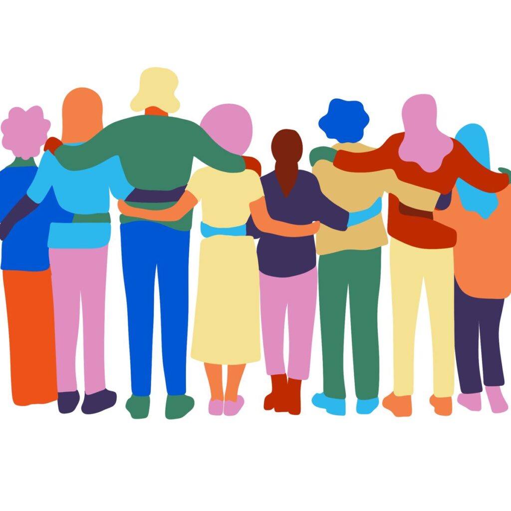 Illustration of a diverse group of people standing together with arms around one another, representing community connection, solidarity, and collective support.