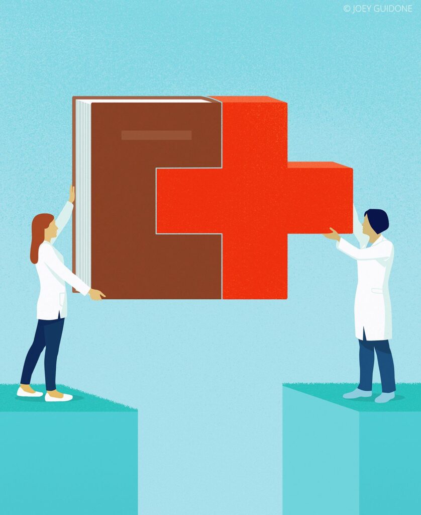 Illustration of two healthcare professionals bridging a gap by connecting a medical book and a red cross, representing integrated healthcare systems and coordinated care.