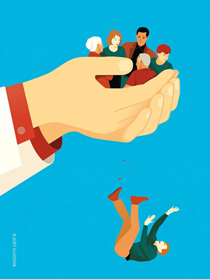 Illustration of a large hand holding a small group of people while one individual falls away, representing gaps in protection, exclusion, health inequities, and unequal support within systems.
