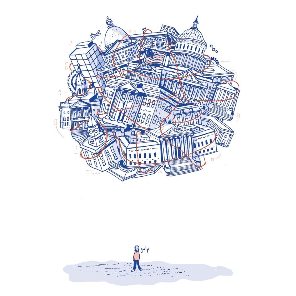 Illustration of a person standing beneath an overwhelming cluster of government buildings and institutions, representing complex public systems, policy overload, and institutional pressure.