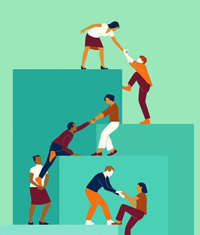 Illustration of people helping one another climb stepped platforms, representing collective support, community partnership, capacity building, and upward mobility.